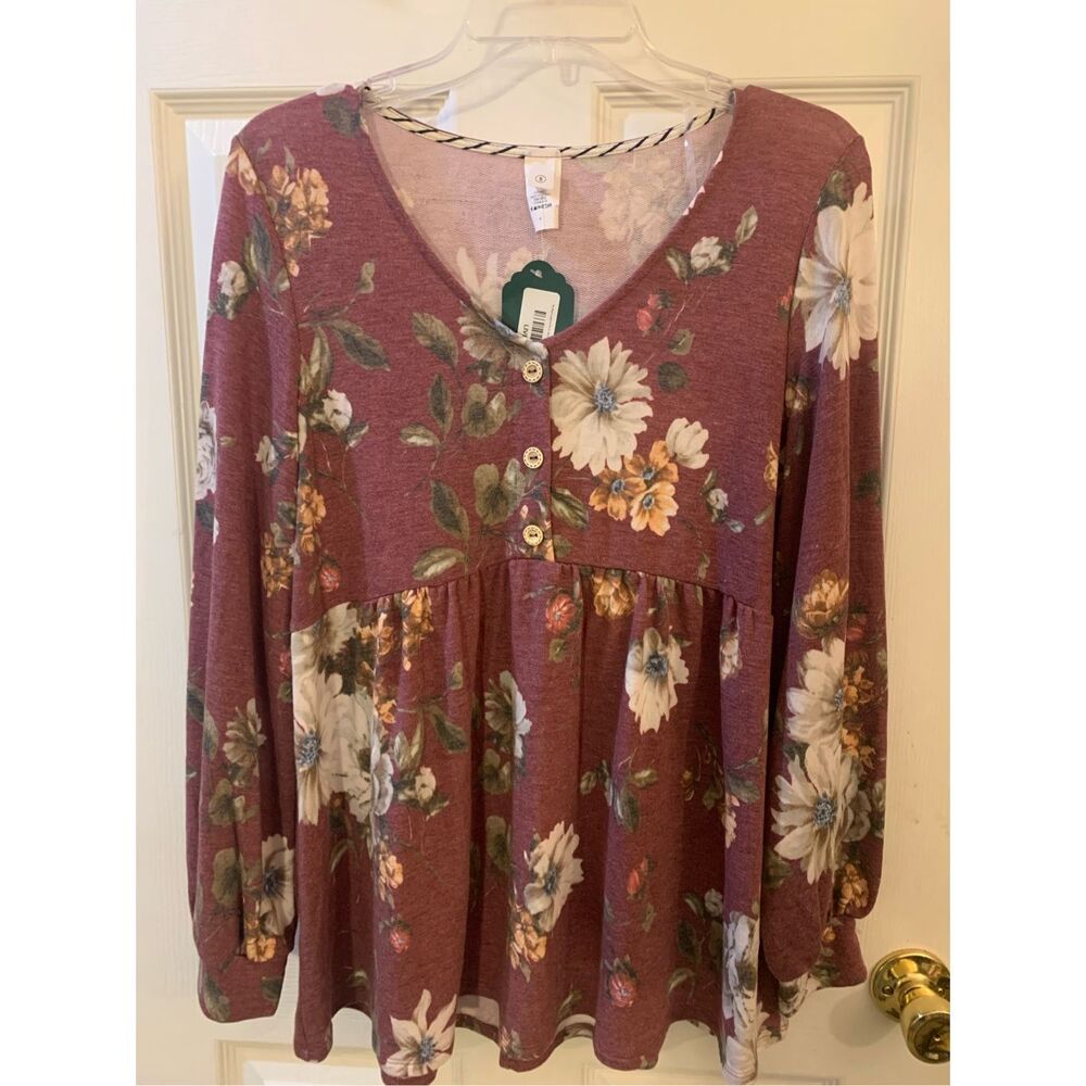 HONEY ME TOP BABY DOLL LONG SLEEVE BOHO MAUVE FLOWER PRINT V NECK SZ S NWT